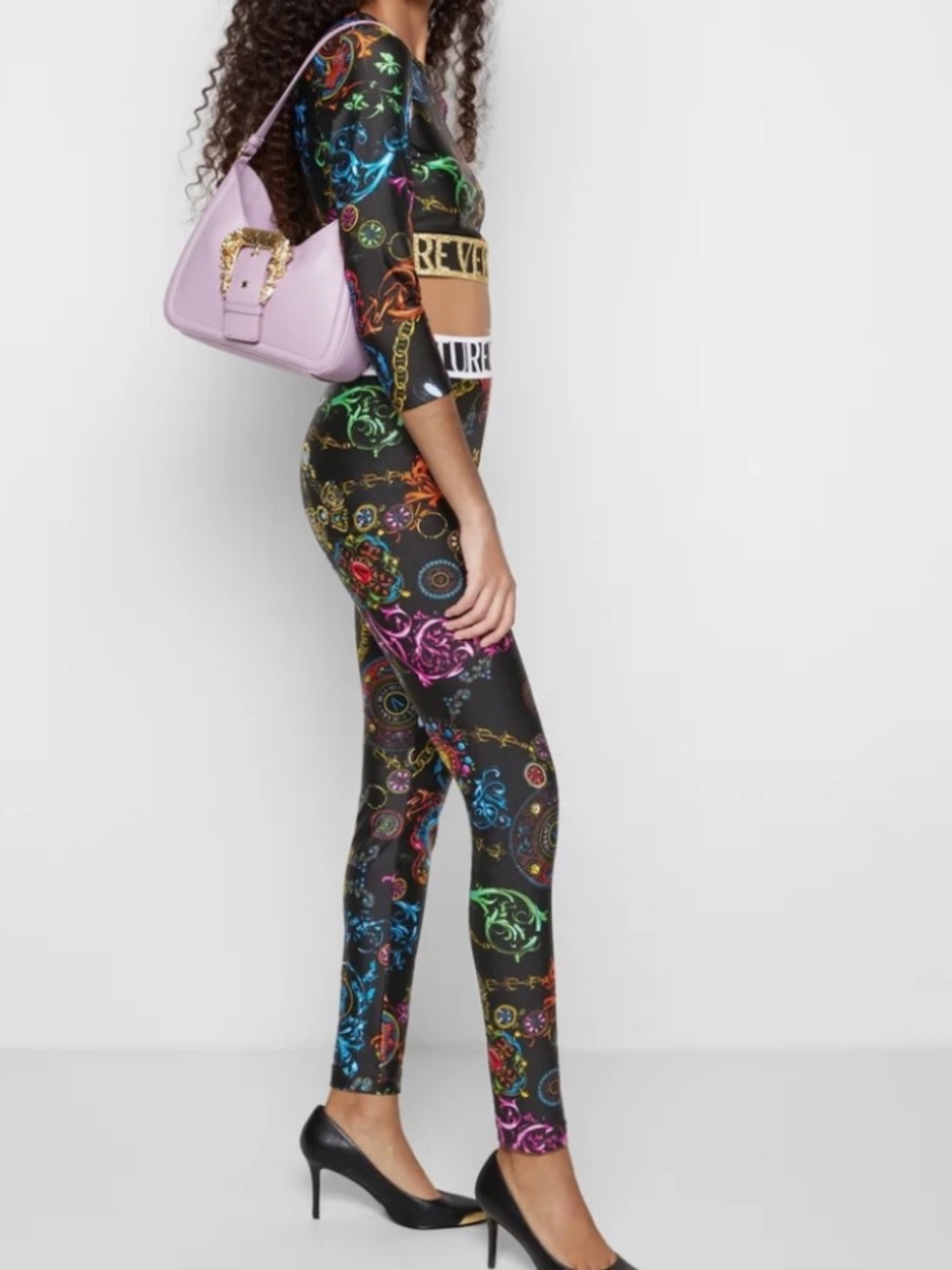 Versace Jeans Couture Black Baroque Print Jersey Leggings and top size 6 medium - Picture 6 of 16